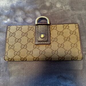 Gucci Brown GG Supreme Continental Wallet with Leather Trim